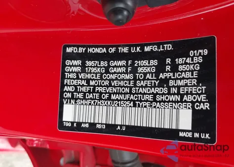 2019 Honda Civic Lx из США, поврежденный, VIN SHHFK7H3XKU215254